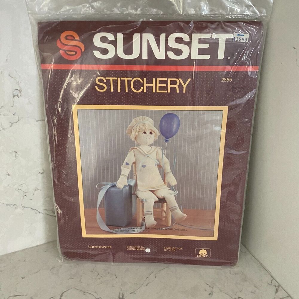 Vintage Sunset Stitchery #2855 Christopher Folk Art Embroidered Cloth Doll Kit
